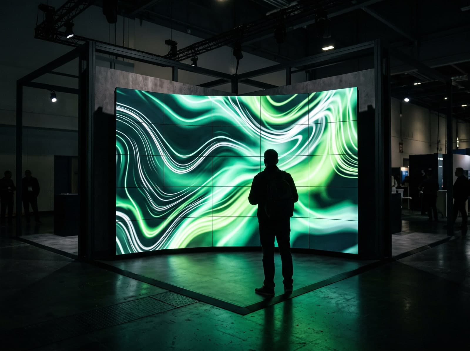A large video wall installed in a trade show exhibit