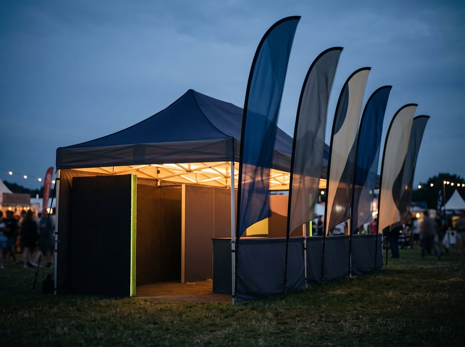 A branded event tent and promotional flags at an outdoor event