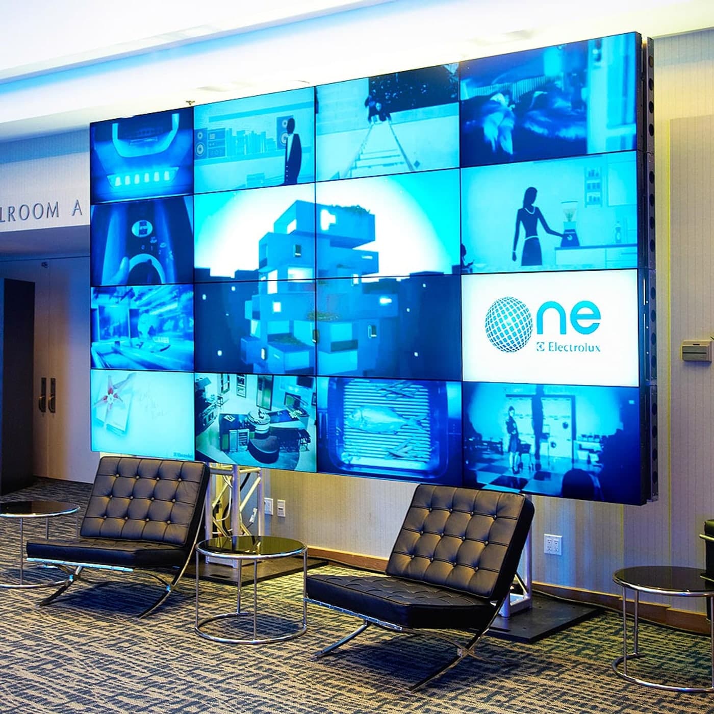 Multi-panel video wall installed in a trade show exhibit