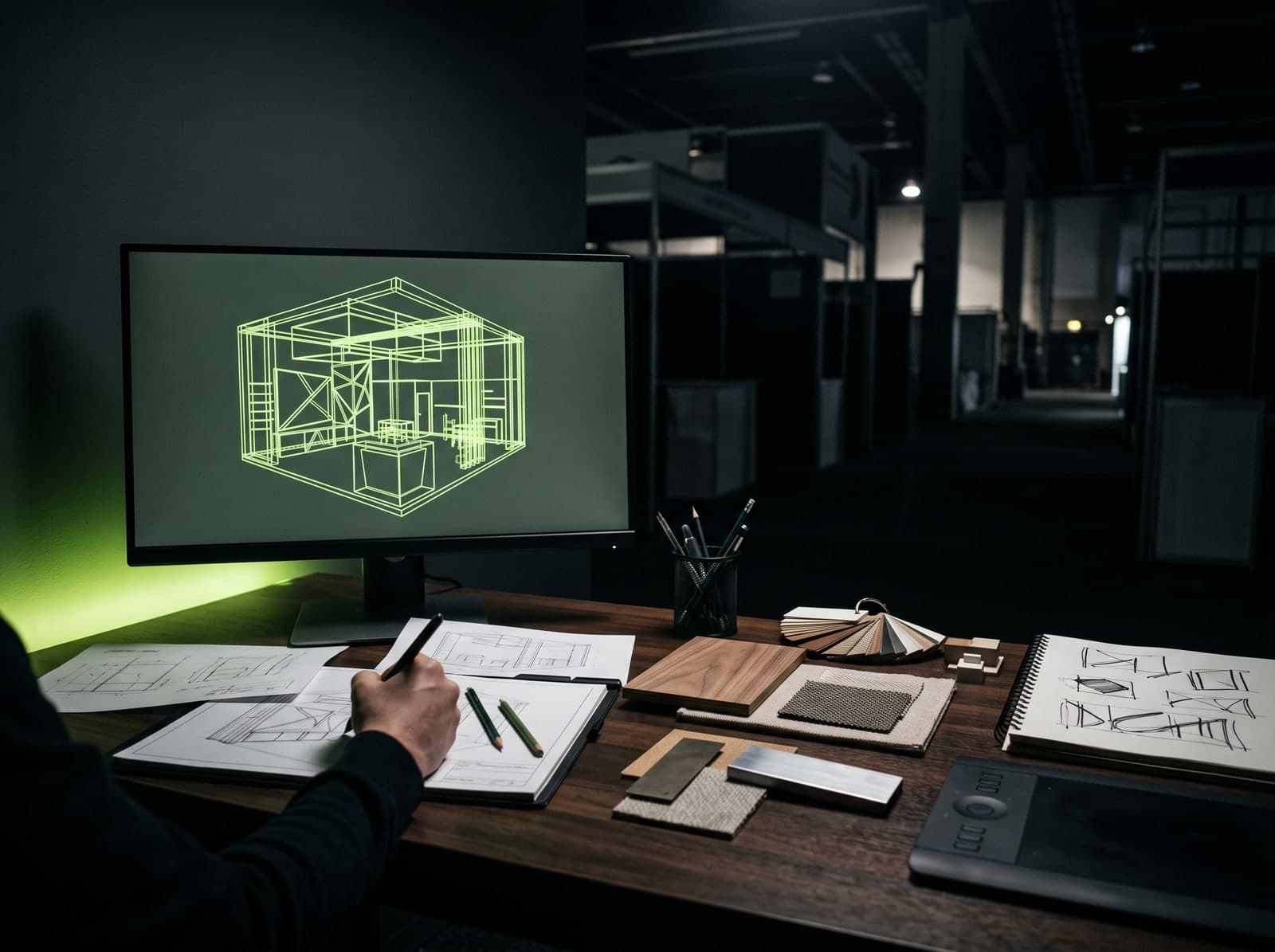 A designer reviewing a 3D trade show exhibit rendering