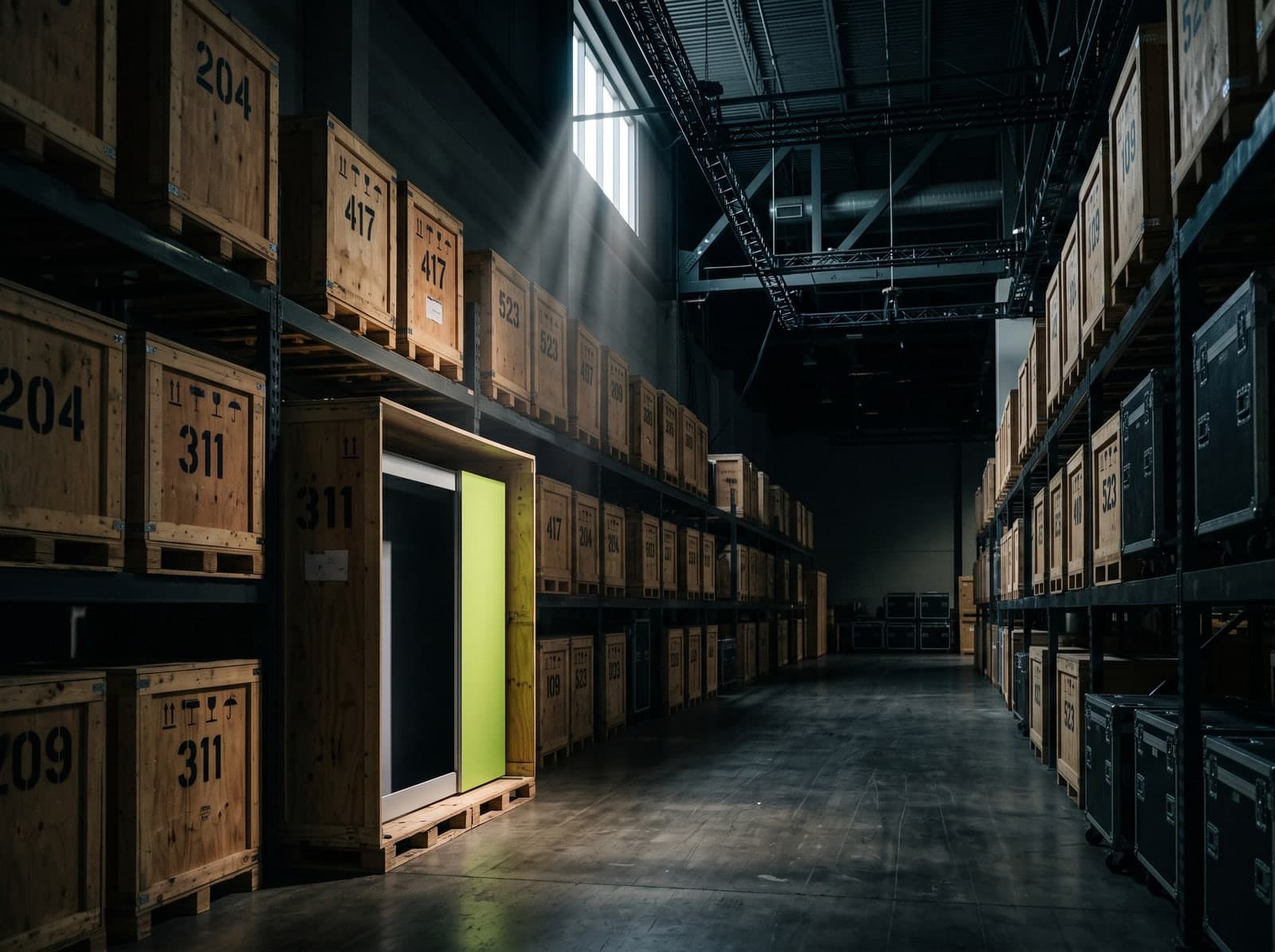 Trade show exhibits in warehouse storage between shows